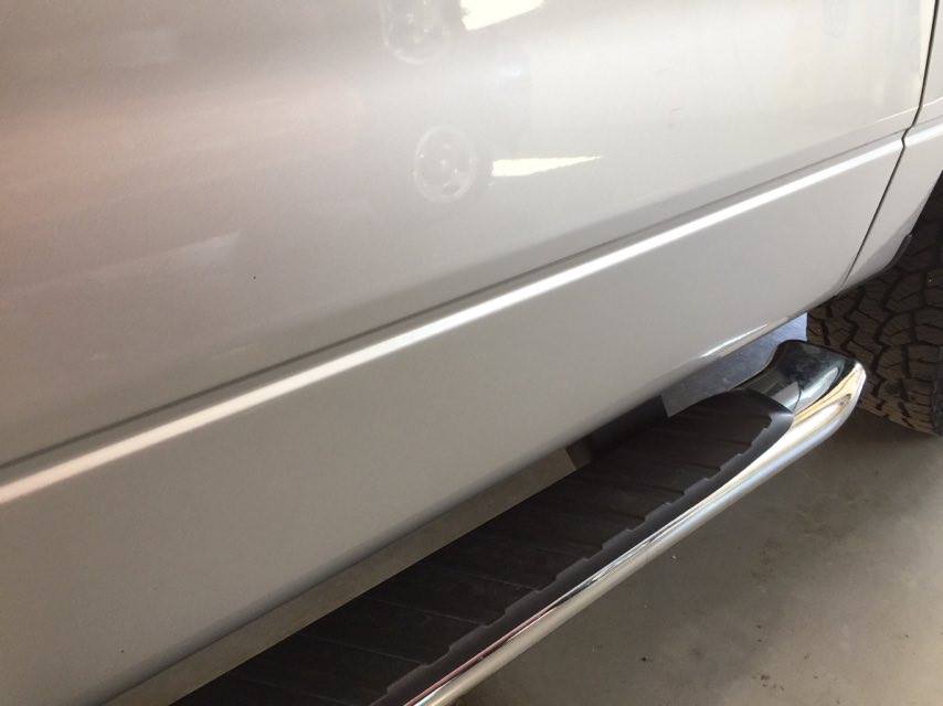 2013 Ford F-150 passenger door body-line dent, mobile Springfield dent Repair by Michael Bocek in Springfield IL, At Dealership Http://217hail.com http://217dent.com